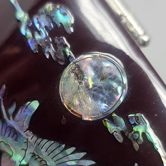 Vintage Jewelry Trinket Box in Brown Lacquer Asian Mother of Pearl Inlay Birds - Picture 3 of 15